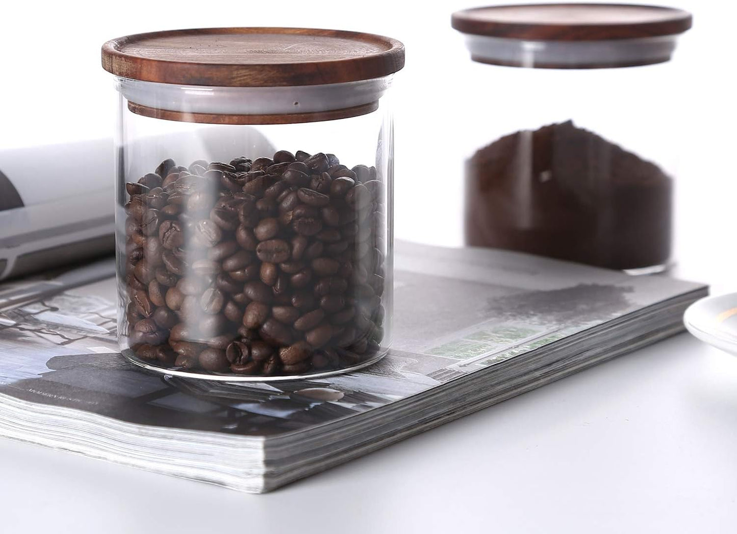 KKC HOME ACCENTS Airtight Glass Food Storage Jars with Wood Lids for Coffee,Sugar,Salt,Wooden Top Sealed Glass Kitchen Jars,18 Fluid Ounces