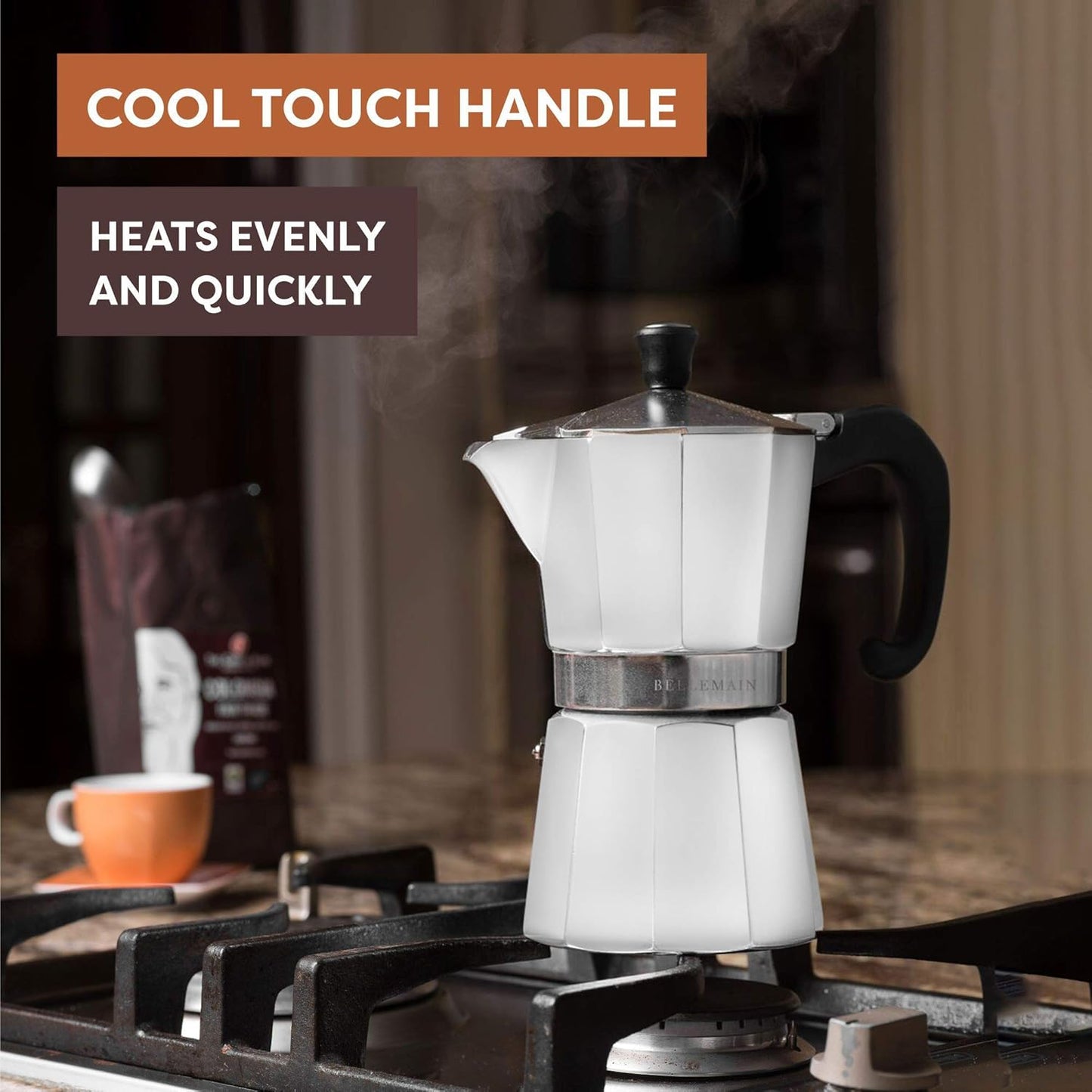 Bellemain Stovetop Espresso Maker | Italian Moka Pot Espresso Maker, Classic Aluminum Design Mocha Pot for Home Brewing & Camping | Easy to Use & Clean - 9-Cup, White