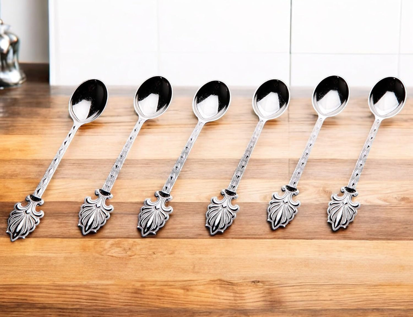 Alisveristime Turkish Tea Spoons Set – 6-Piece Zamac Ottoman-Style Decorative Spoons for Tea & Coffee (4.3”) (Silver)