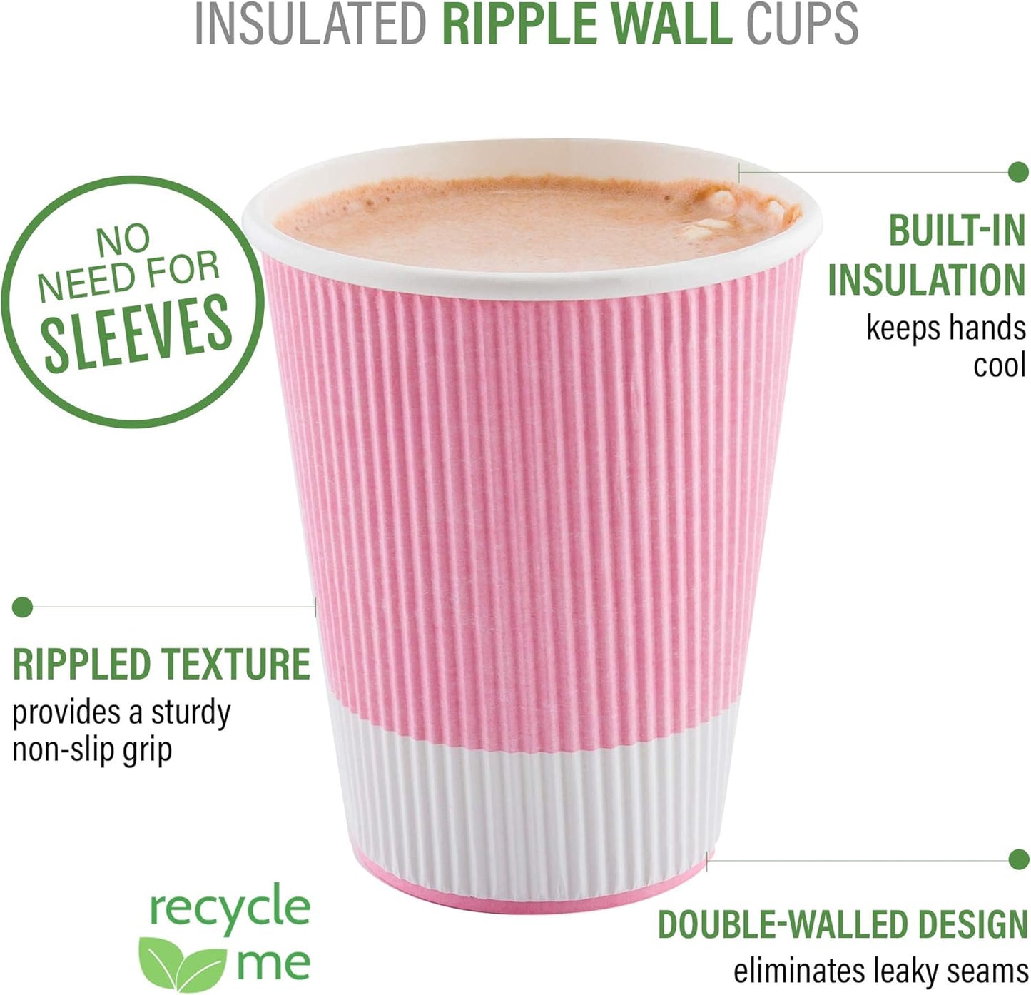 Restaurantware 8 Ounce Double Wall Disposable Coffee Cups, 500 Insulated Light Pink Paper Tumblers, with Ripple Wall Design, Lids Sold Separately for Hot Drinks like Tea, Coffee and More