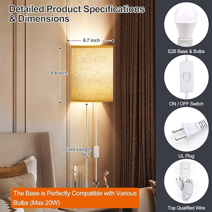 Plug in Wall Sconces Set of Two: Wall Lights - Image 5
