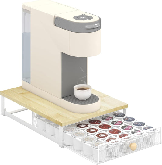 K Cup Organizer, Coffee Pod Holder Drawer, Under Brewer Storage Organizer with Sliding Drawer holds up to 35 K Cup Pods, No Assembly Needed, Natural colour