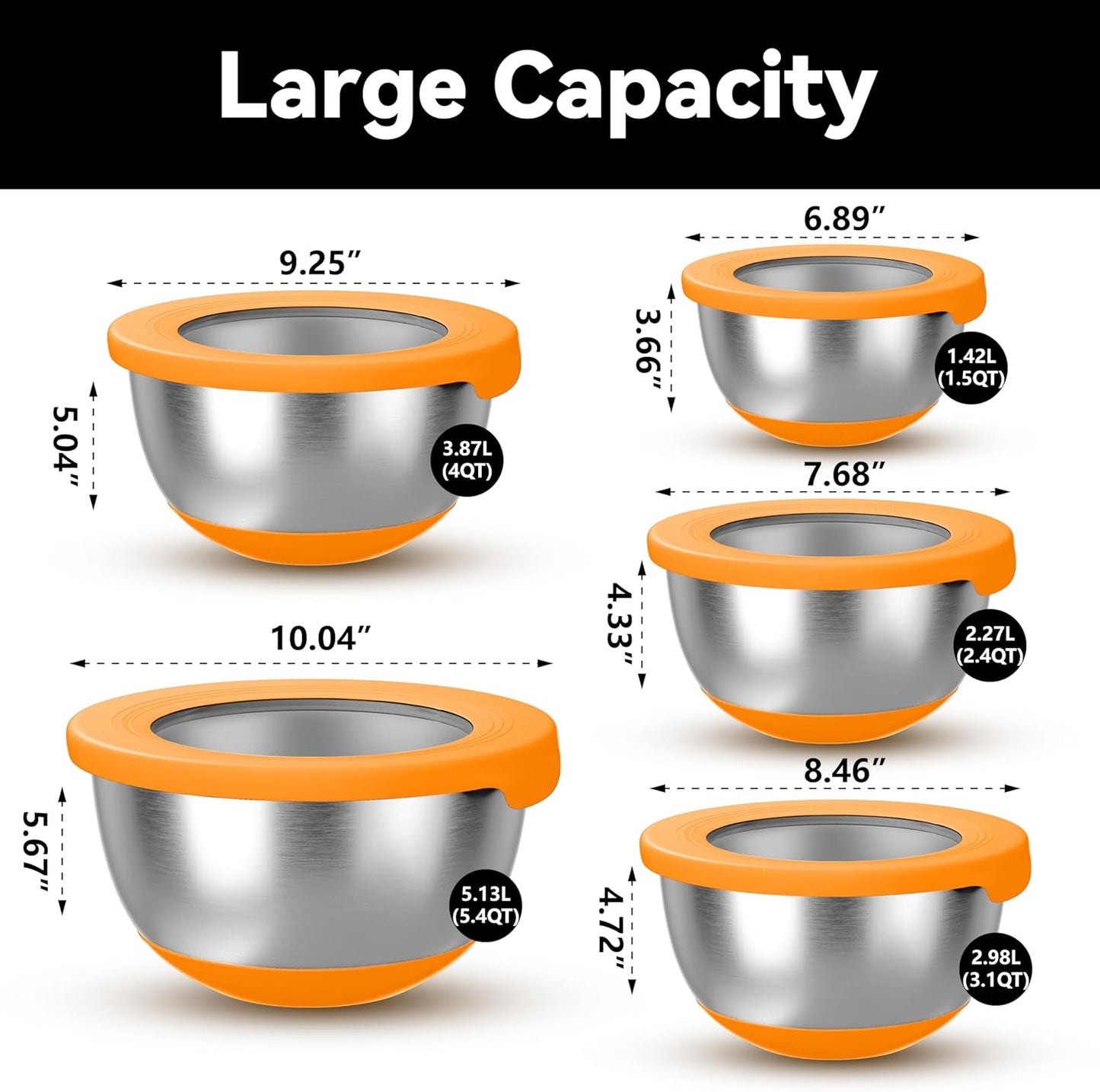 Stainless Steel Mixing Bowls with Lids – Set of 5 Large Nesting Metal Bowls for Kitchen, Baking, Cooking, Food Prep & Storage, Non-Slip Base, Dishwasher Safe,Orange
