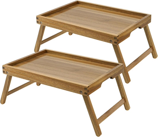 VaeFae Acacia Bed Table Tray, Wooden Breakfast Tray with Folding Legs, Bed Tray for Eating and Laptop, Eating Trays for Bedroom, (2 Pack)