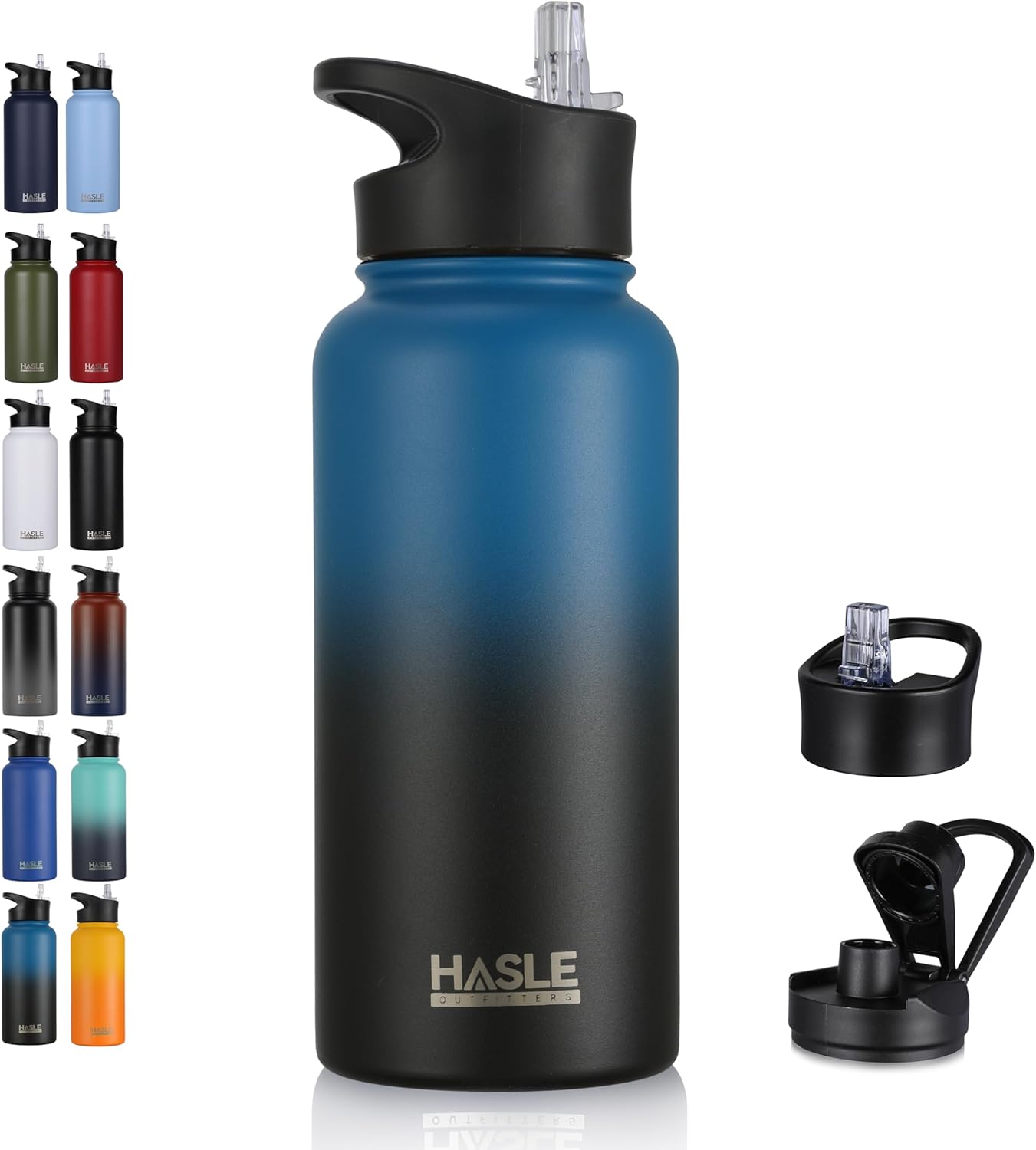 HASLE OUTFITTERS 32 oz Insulated Water Bottle Stainless Steel Double Walled Vacuum Sports Water Bottle with 2 Lids (Straw and Spout Lid) for Gym Camping Hiking(Blue Black Gradient,1)
