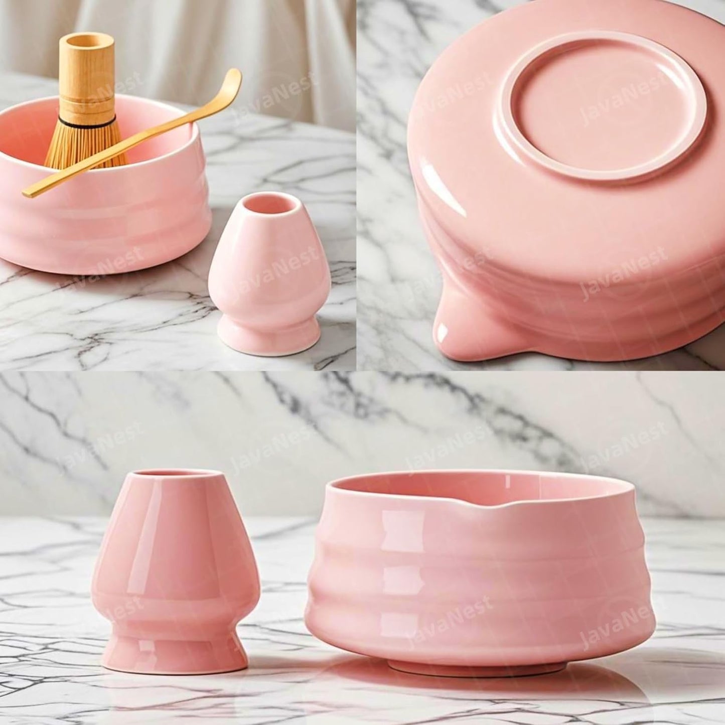 7-Piece Matcha Tea Set with Gift Card – 120-Prong Bamboo Whisk, Ceramic Bowl with Spout, Whisk Holder, Scoop, Spoon, Strainer & Scoop Holder – Ideal Gift for Matcha Lovers (Pink)