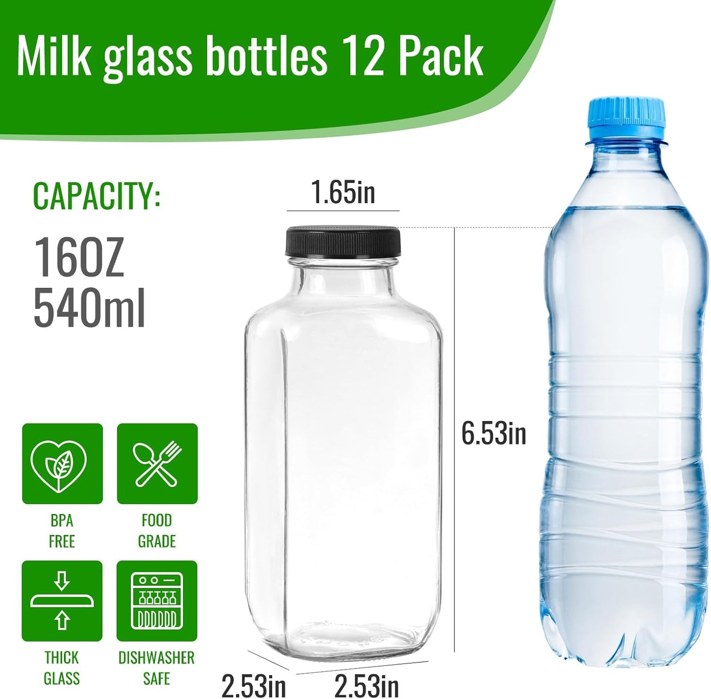 BIGIVACA 16 oz Glass Juice Bottles with Lids,12 PACK Bottles for Juicing,Square Drinking Jars Glass for Coffee,Cola,Milk,Tea in Travel,Work,School