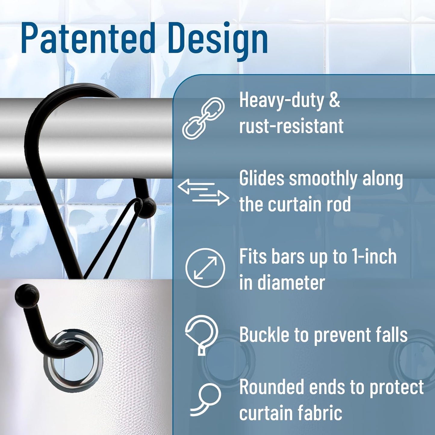 Set of 12 Black Metal S Hook Shower Hooks 1” – Closed, Heavy Duty, Long Decorative Shower Curtain Hooks, Easy Glide, Buckle, Large Rust Resistant Rings for Bathroom Rods (Black, S)