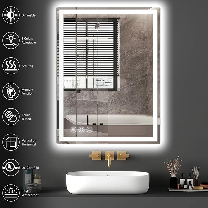 Memobarco Bathroom Mirror, Stepless 3 Colors Temperature & Dimmable, Memory - Image 3