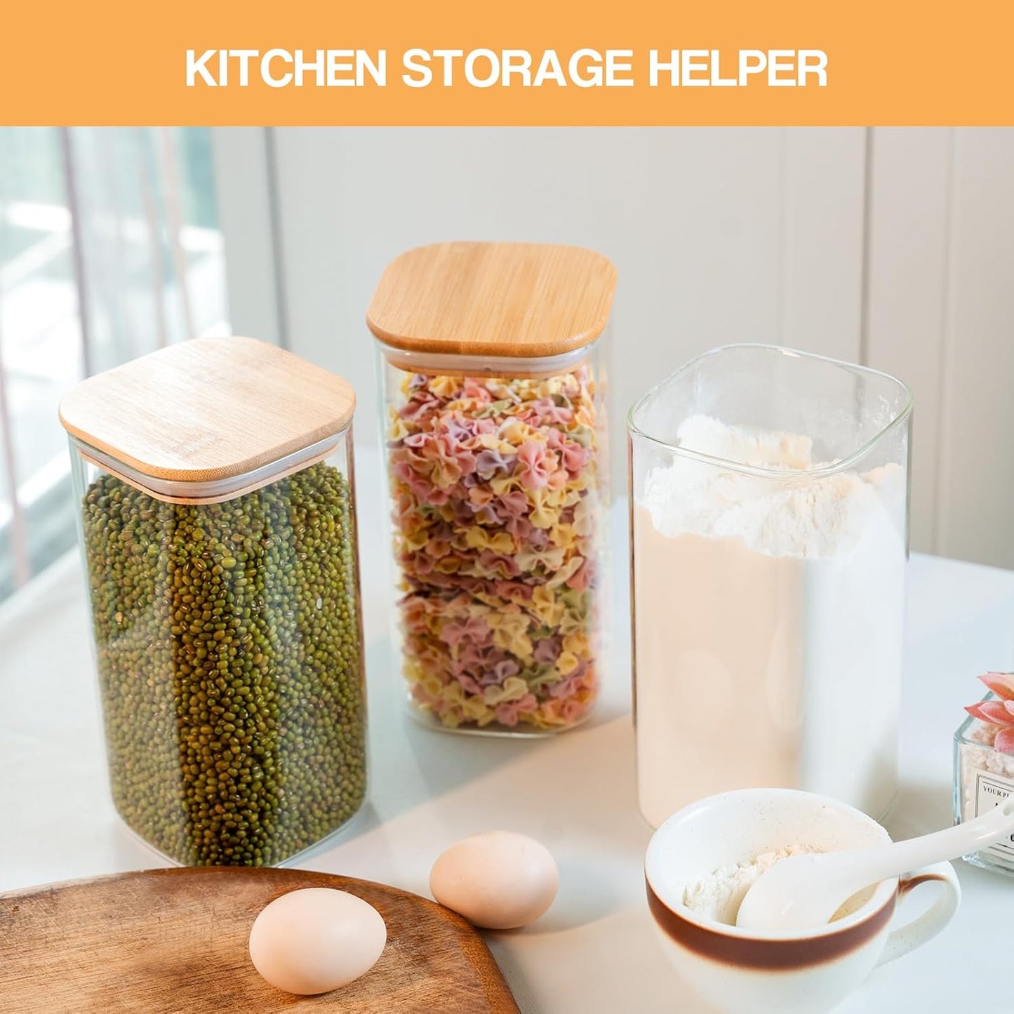 YUNCANG Glass Storage Jars 6 Pack 37oz Clear Glass Food Storage Containers with Airtight Bamboo Lid Stackable Kitchen Canisters for Candy,Cookie,Rice,Sugar,Flour,Pasta,Nuts and Spice Jars(Square)