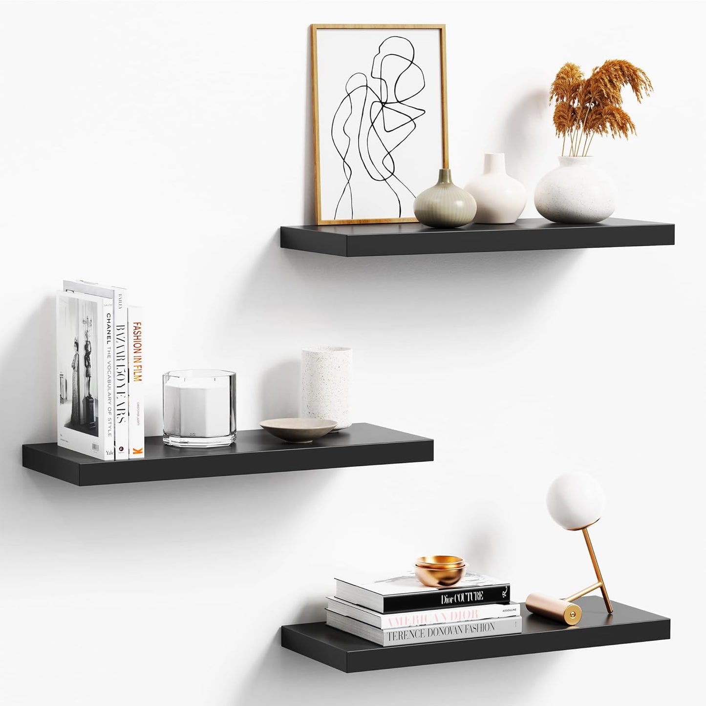 Floating Shelves Set of 3, Black Wood Wall Mounted Shelf 16" for Kitchen, Living Room, Bedroom, Bathroom Storage, Book Shelf, Home Decor, Frame Display