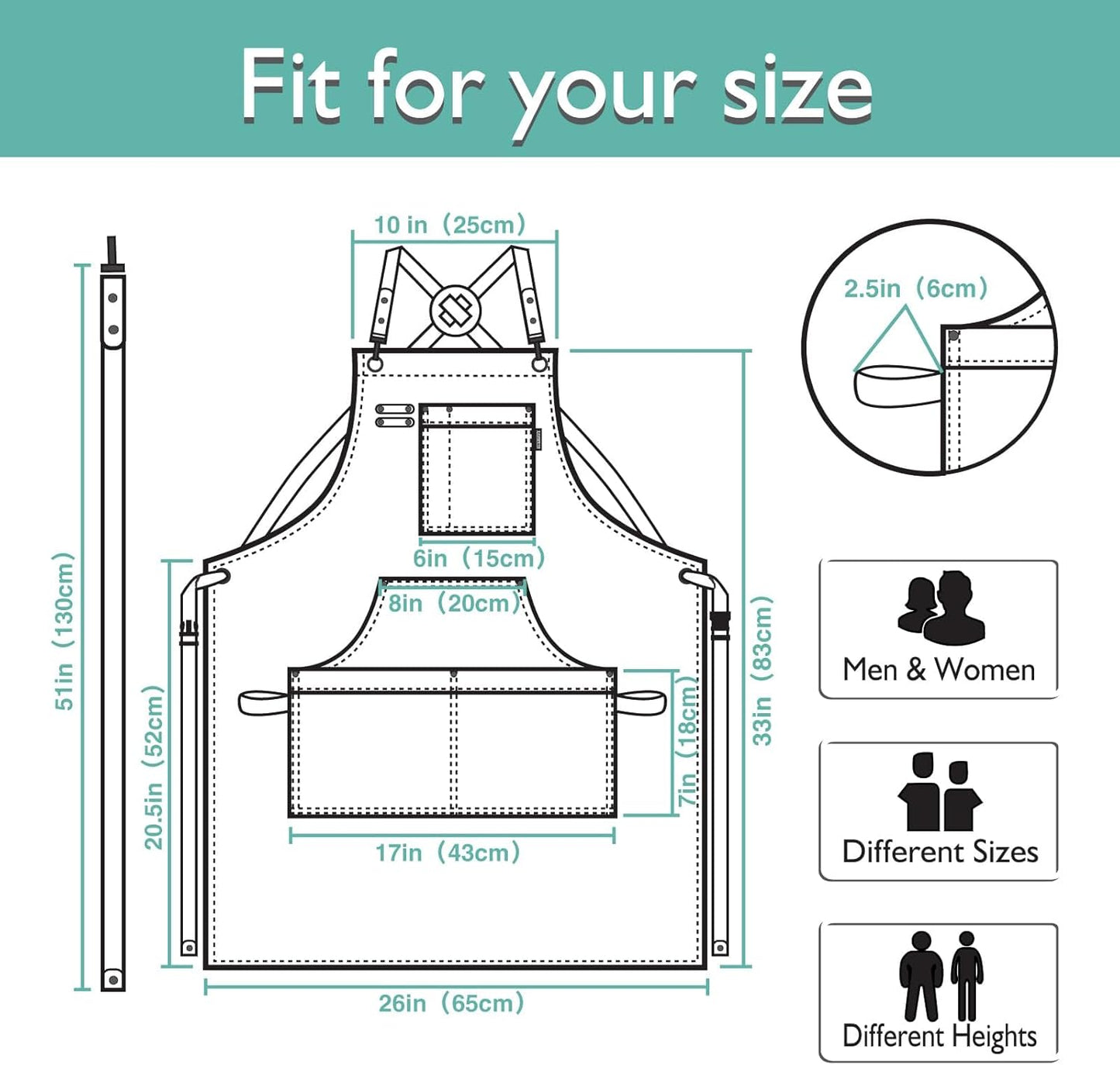 5 Pack Kitchen Apron, Work Apron, Canvas, Multiple Pockets, Gardening, Painting, BBQ, Artist, Carpenter, Sizes M to XXL, Ice Blue