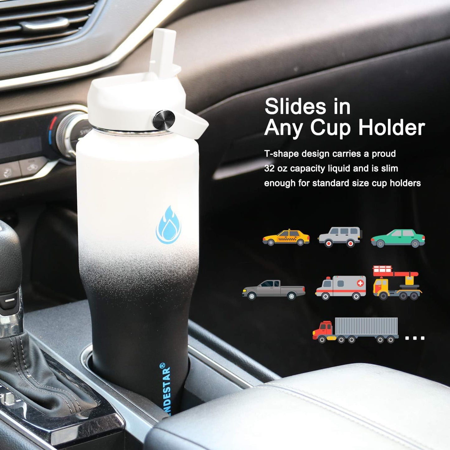 SENDESTAR 32oz Water Bottle Wide Mouth Stainless Steel Vacuum Insulated Double Wall with 2 Straw Lids Fit in Any Car Cup Holder TXIN-32-DN-1