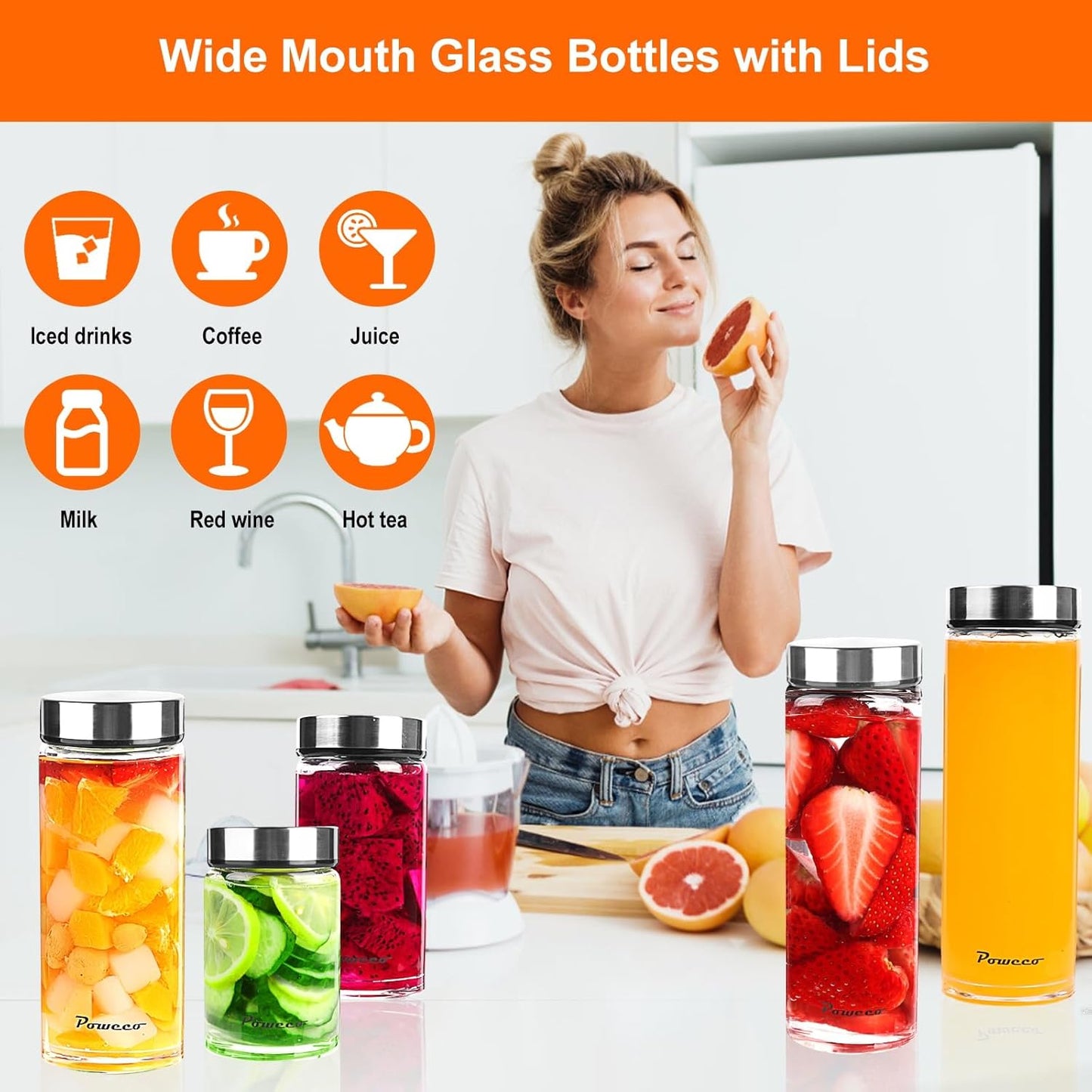 16oz Glass Juice & Water Bottles 4-Pack with Lids- Wide Mouth Reusable Borosilicate Glass- for Juicing, Smoothies, Protein Shakes, Blender & Shaker Bottle- Refillable & Dishwasher Safe(16 oz/500ml)