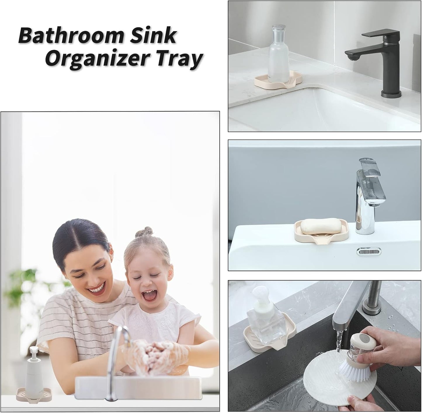 Silicone Bathroom Soap Dishes with Drain Spout-Bathroom and Kitchen Sink Organizer,Sponge Holder,Dish Soap Tray,Perfect for Dispenser,Scrubber,Bottle,Cup on Sink or Counter-Tapioca 4.9"×3.2"