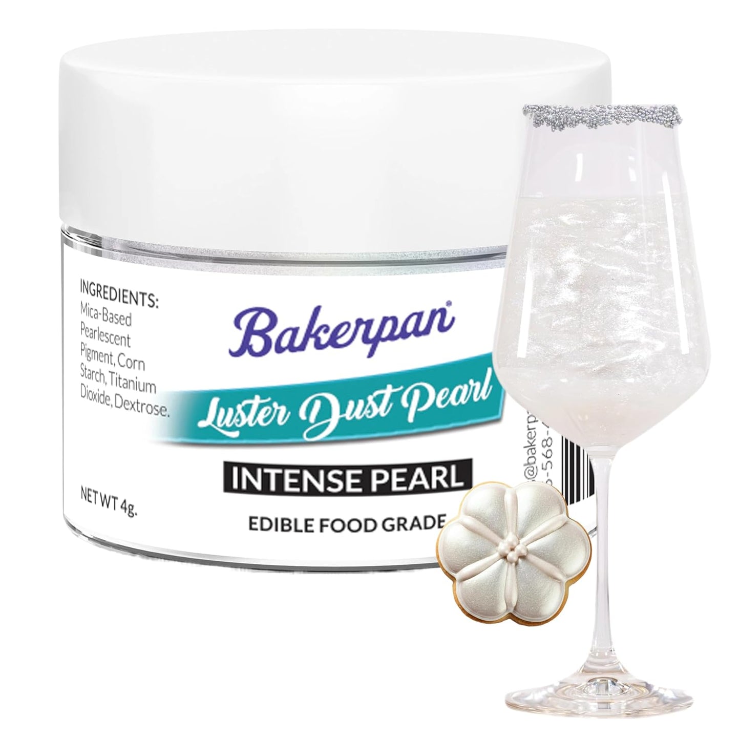 Bakerpan Pearl Luster Dust Edible, Intense White Edible Glitter for Cocktails, 4 Grams Edible Glitter for Cake Decorating, Cookies, Chocolates and Candies, Drinks (Made in USA)