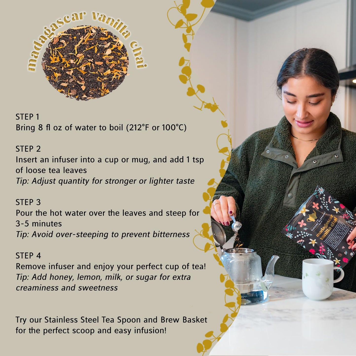 Madagascar Vanilla Chai Tea, Organic Loose Leaf Chai Tea – Black Tea with Chai Spice Blend – Great Hot or Iced Chai Latte – 4 oz Resealable Bag (Makes 50 Cups) – The Elegant Elephant