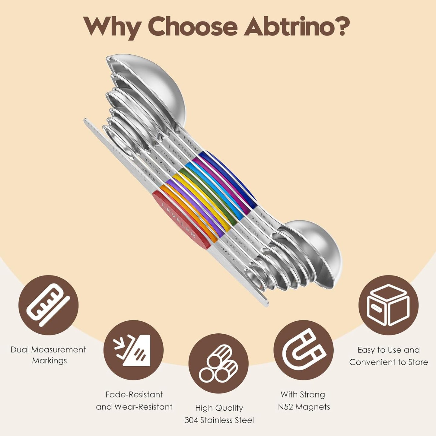 Magnetic Measuring Spoons Set of 8 - Heavy Duty 304 Stainless Steel, Triple Measurement Markings, Strong N52 Magnets, Easy to Clean, Space-Saving with Leveler Included (Colorful)