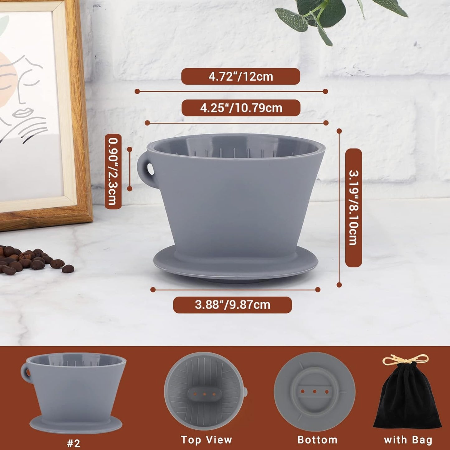 Segarty Silicone Coffee Dripper, Gray Single Cup Pour Over Coffee Maker with Storage Pouch, Size NO.2 Reusable Cone Drip Filter Holder Slow Brewer with 3 Holes for Travel, Camping, Backpacking