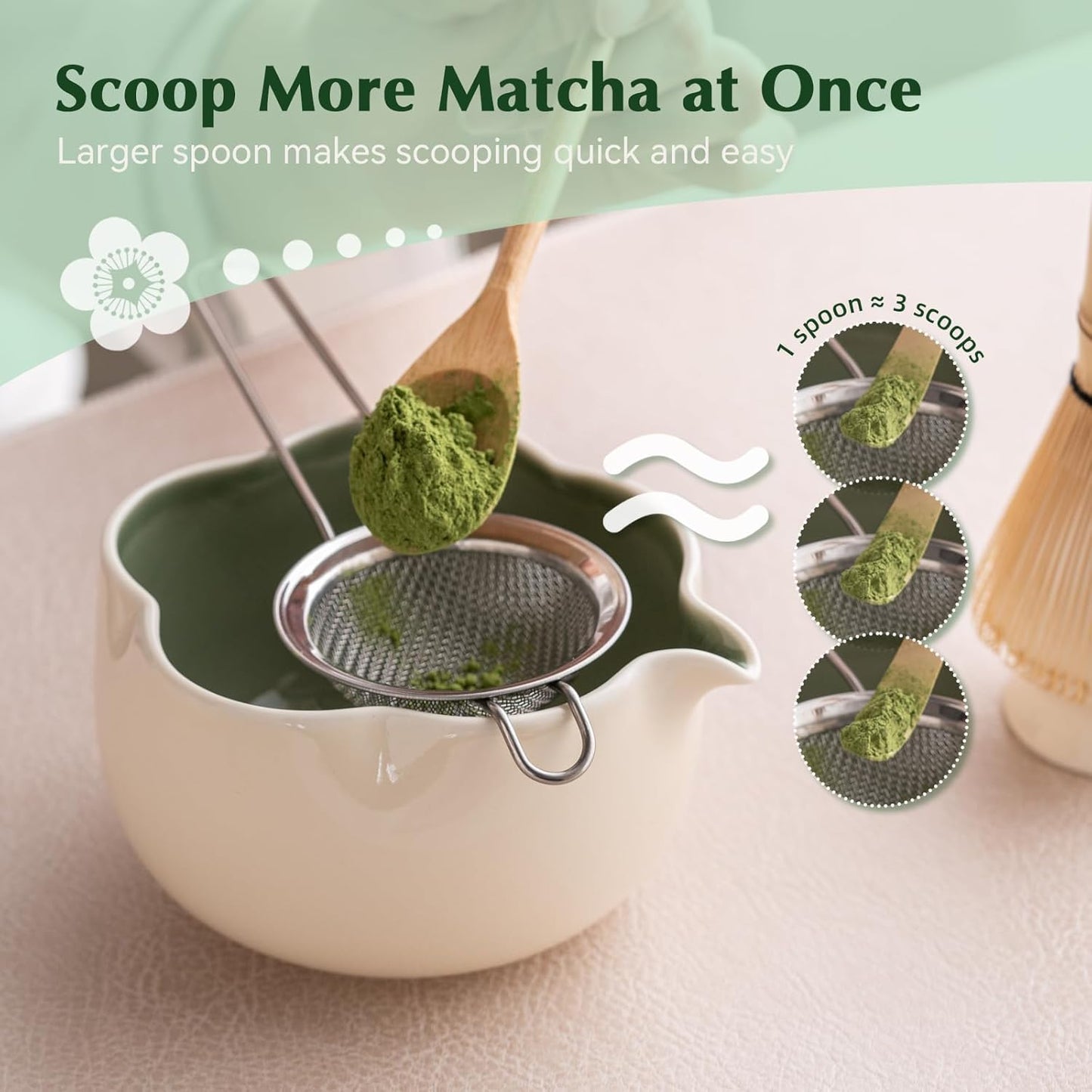Matcha Set, 8Pcs Floral Ceramic Matcha Set with Matcha Whisk, Holder, Scoop, Scoop Rest, Sifter, Spoon and Tea Towel - Thoughtful Matcha Whisk Set Gift for Matcha Lovers (Beige & Green)