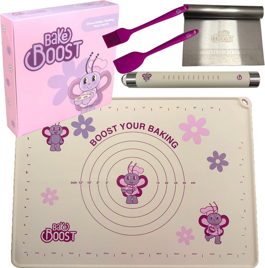 Silicone Baking Mat Set | Non-Stick Dough Rolling Pastry with Rolling Pin for Cookie Pie Crust Pizza Bread | Extra Large Dough Mat | Silicone Pastry Mat Kit Extra Thick with accessories