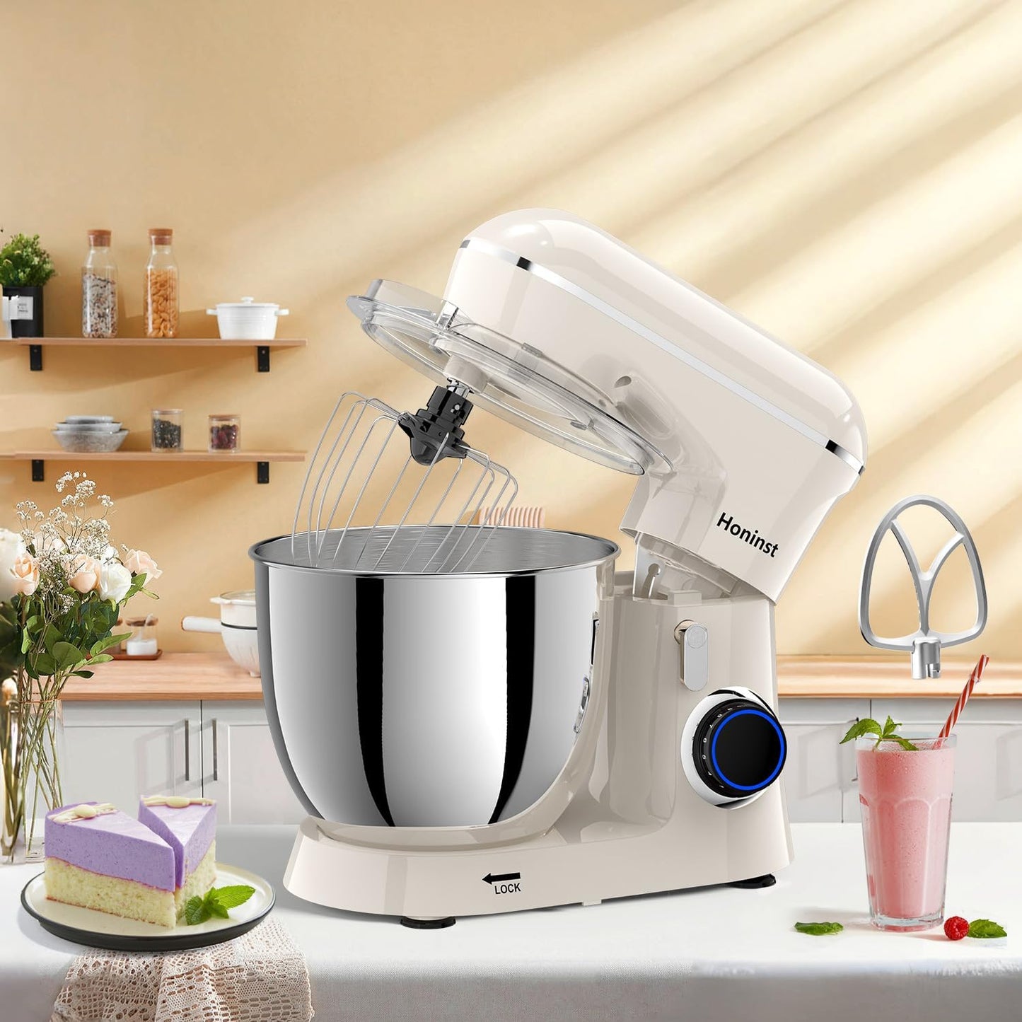 Stand Mixer, 6.5QT 10-Speed Tilt-Head Electric Stand Mixer, 3-In-1 Kitchen Mixer with Bowl, Dough Hook, Whisk and Beater, Food Mixer for Baking, Cake and Most Home Cooks, Beige