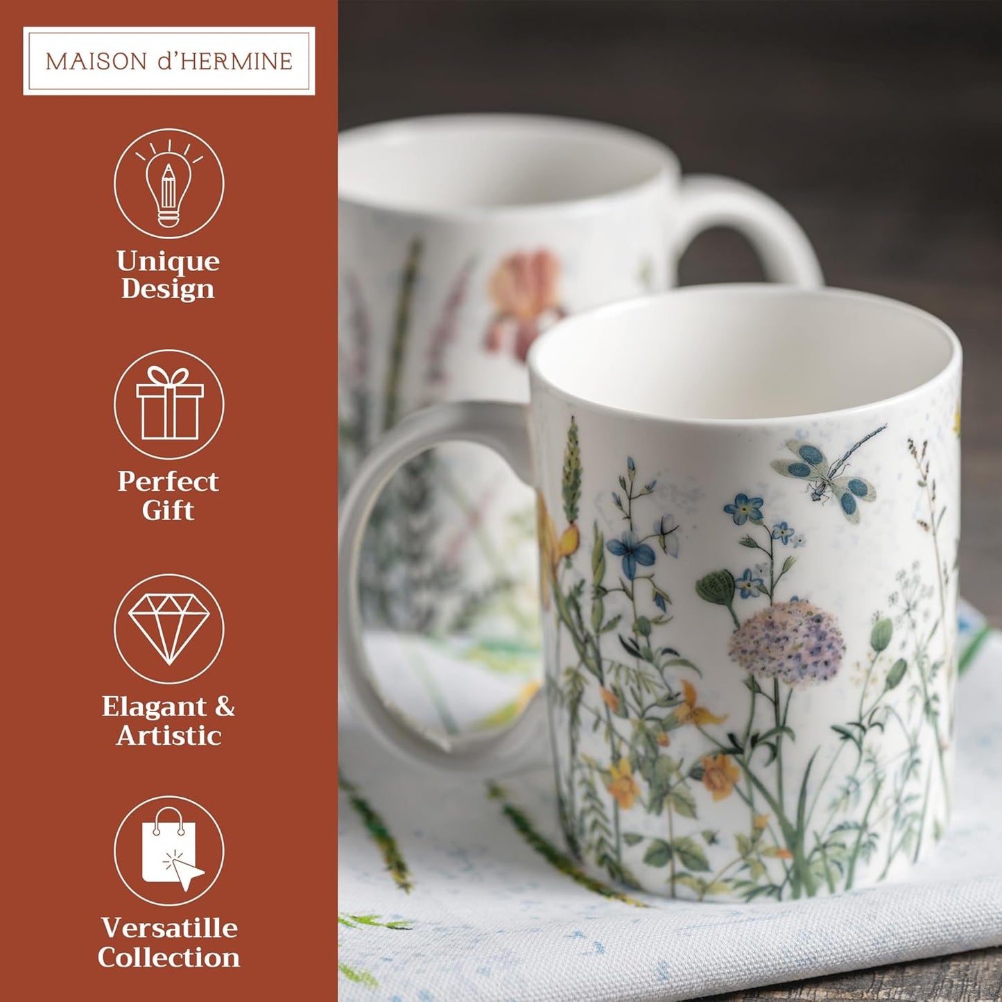 Maison d' Hermine Coffee Mug with Handles Fine Bone China Mugs Pack of Two Tea Cups for Hot Beverages Cappuccino Latte Home Restaurant Office Perfect for Gift (Fleurs De Mai, 12 Ounce)