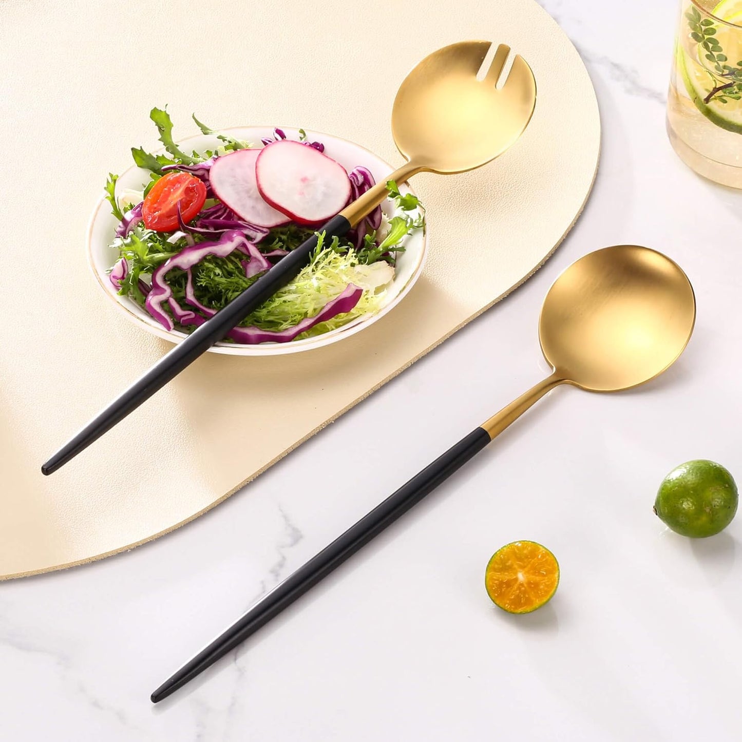 Lemeya Black Gold Salad Serving Utensils, Stainless Steel Spoons, 2Pcs Long Handle Servers 11.42 Inch, Matte Finish, Dishwasher Safe