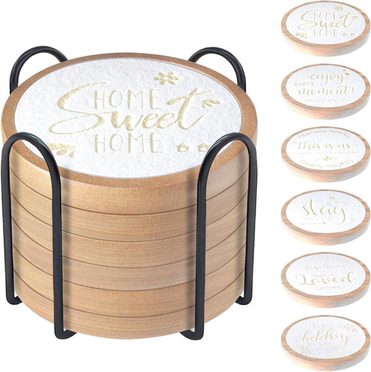 Wood Coasters for Drinks Housewarming Gifts for Home Decoration Absorbent Coasters with Holder for Coffee Tabletop Protection 4.3 Inch White