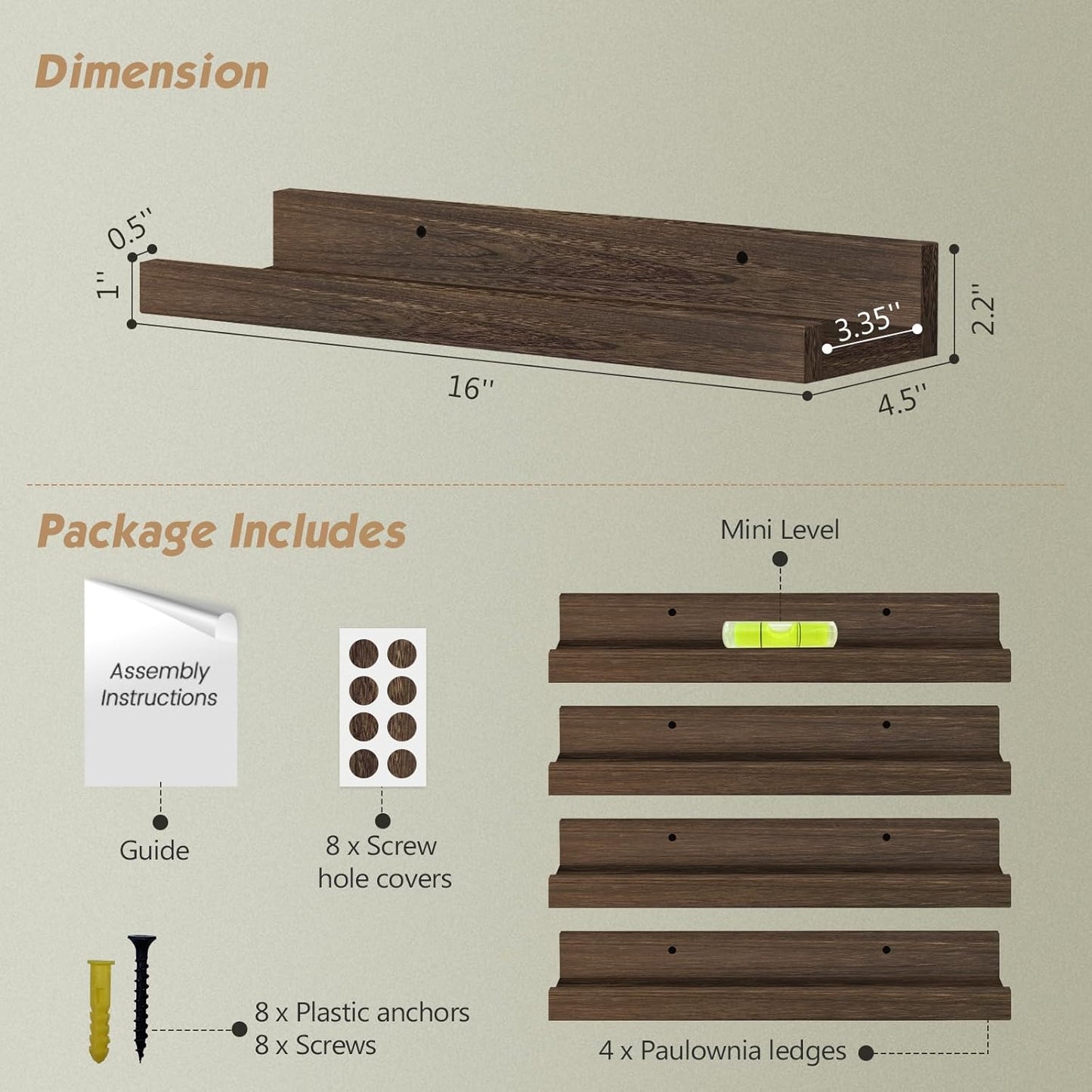 Forbena Wooden Floating Shelves with Lip for Wall, Dark Brown Picture Ledge Shelf for Books Photo Framses, Rustic Farmhouse Hanging Wall Shelves for Bedroom Office Kitchen (Set of 4, Solid Wood)