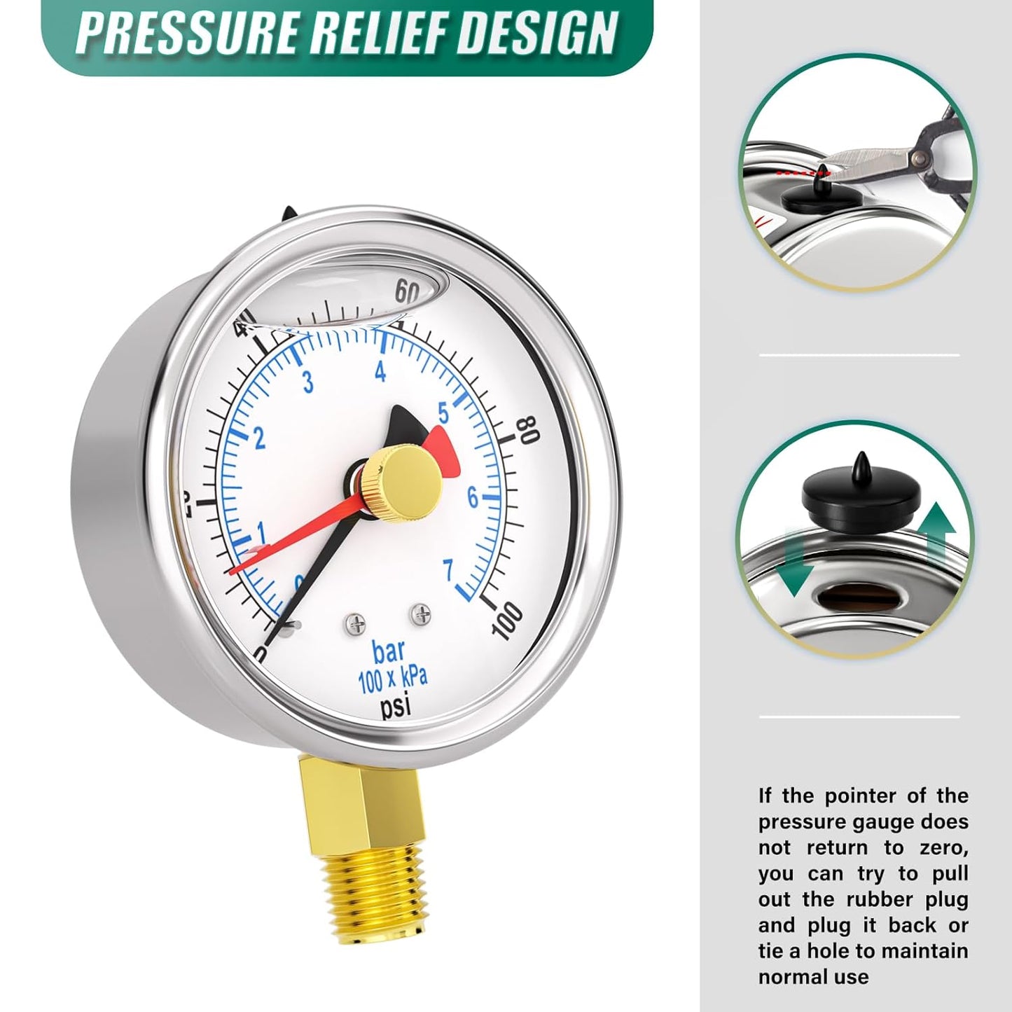 0-100PSI Stainless Steel with Reset Pointer Liquid Filled Pressure Gauge, 2.5" Dial Size, 1/4" NPT Lower Mount, for Tube, Water Pump, Gas, Liquid, Pressure Test