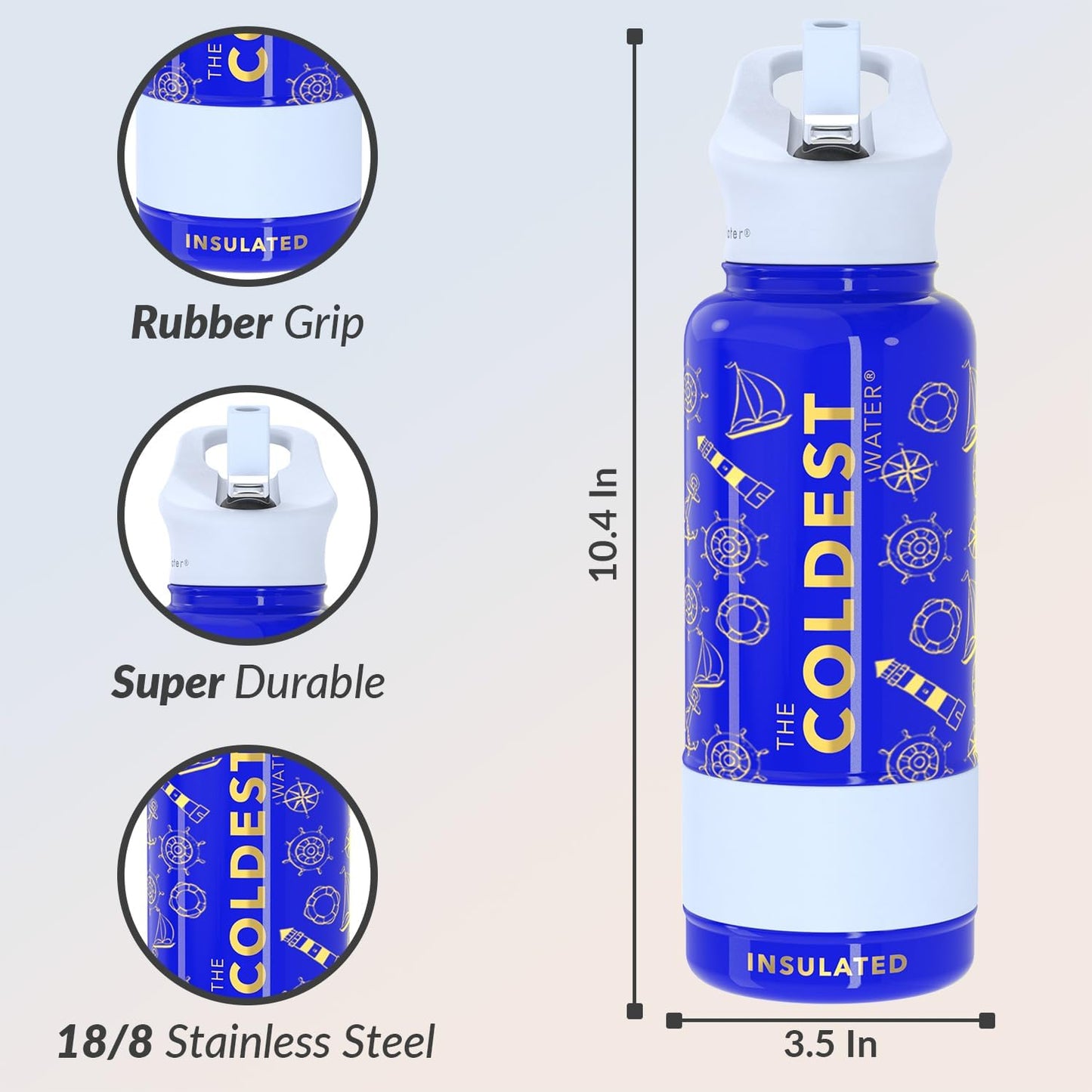 Coldest Insulated Water Bottle with Straw Lid - Stainless Steel Metal Insulated Bottle for Men & Women (Captain Blue, 32 oz)