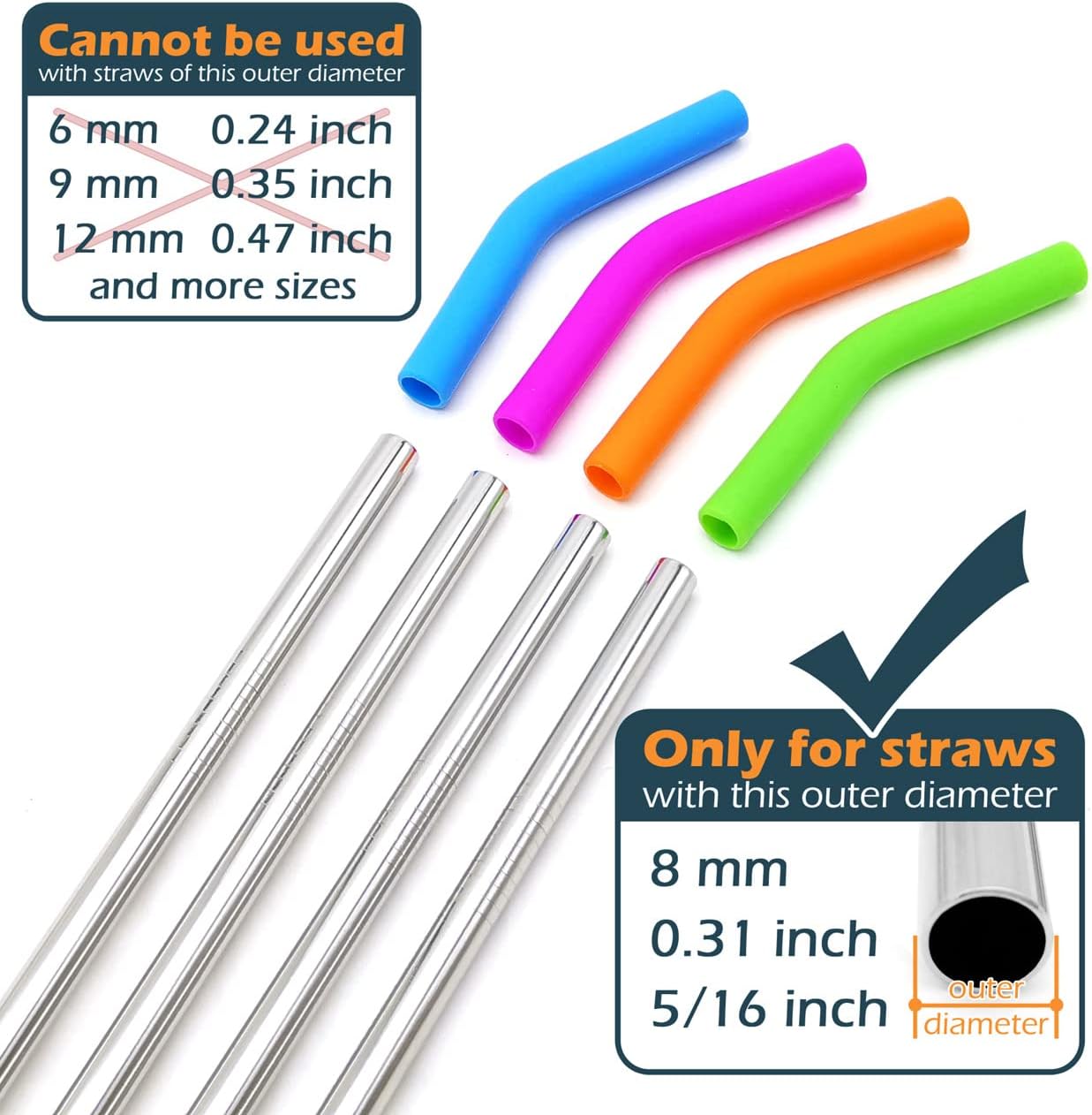GFDesign Food Grade Silicone Straw Elbows Tips Soft Reusable Metal Stainless Steel Straw Nozzles Only Fit for 5/16" Wide (8mm Outer Diameter) Multicolor - Set of 8