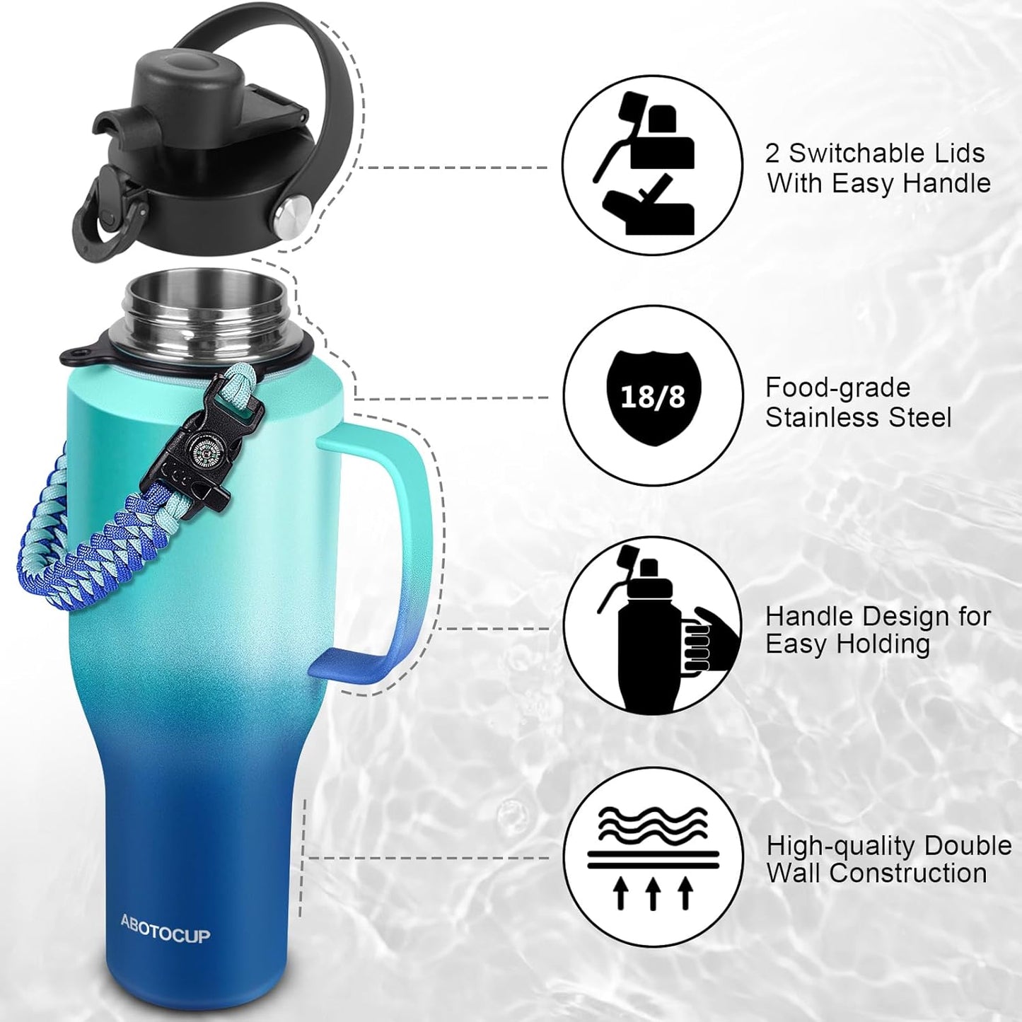 Water Bottle 40oz, Insulated Water Bottle with Handle & Straw Lids, Stainless Steel Water Bottle Fits in Any Car Cup Holder, Travel Cup Double Wall BPA-Free Leak-proof to Keep Cold &Hot