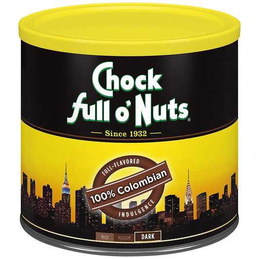 Chock full o’Nuts Colombian Ground Coffee – Premium Beans in Recyclable Steel Can – Rich Flavor & Aroma, Dark Roast – Perfect for Drip, Pour-Over, Percolator – 24 Oz Can