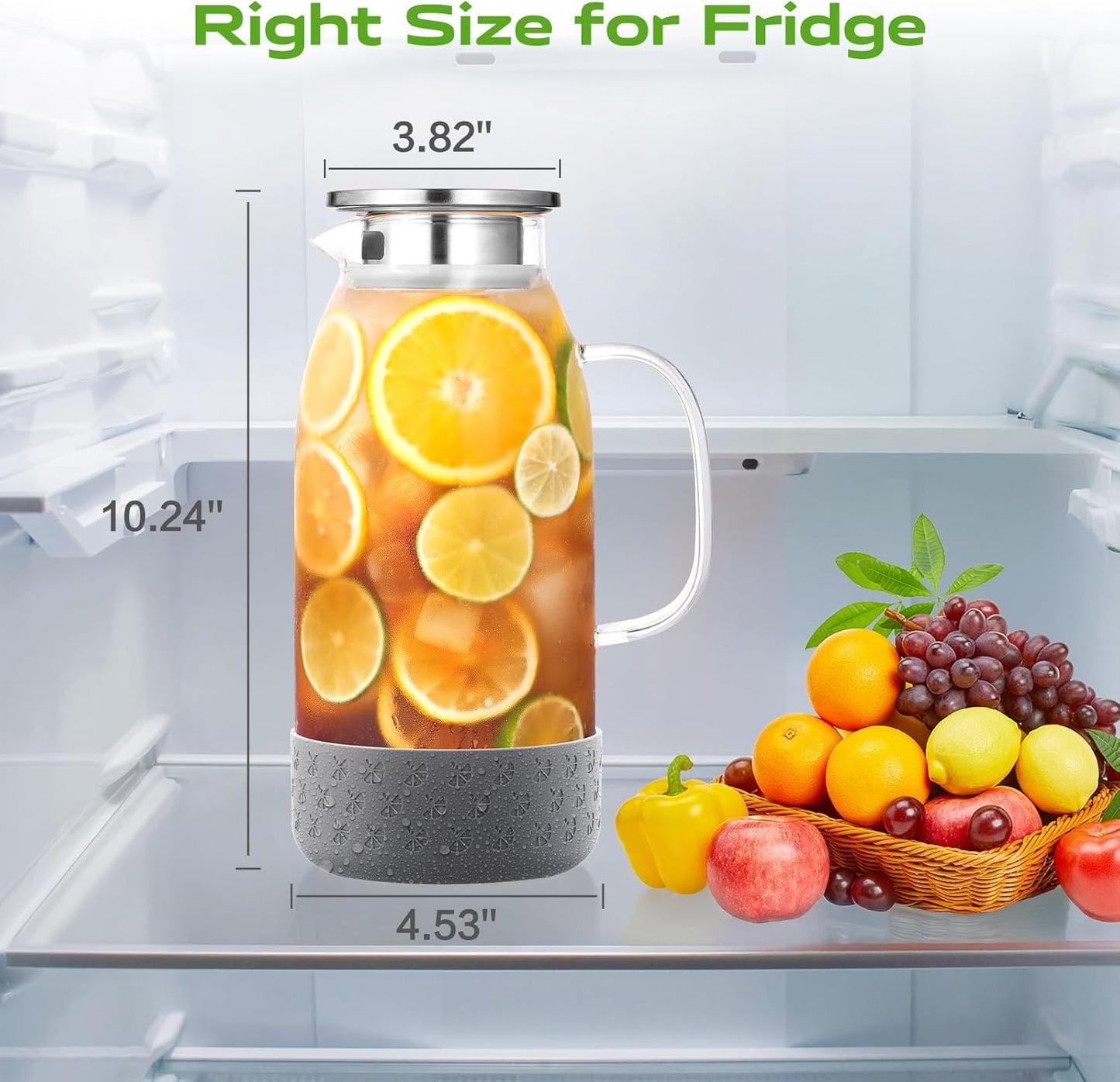 Glass Pitcher with Lid, ZBUFAN 68oz/2 Liter Glass Water Pitcher with Handle and Lid, Anti-Slip Base Juice Jug for Ice Tea, Sun Tea, Sangria, Lemonade Fridge Pitchers for Drinks Gray