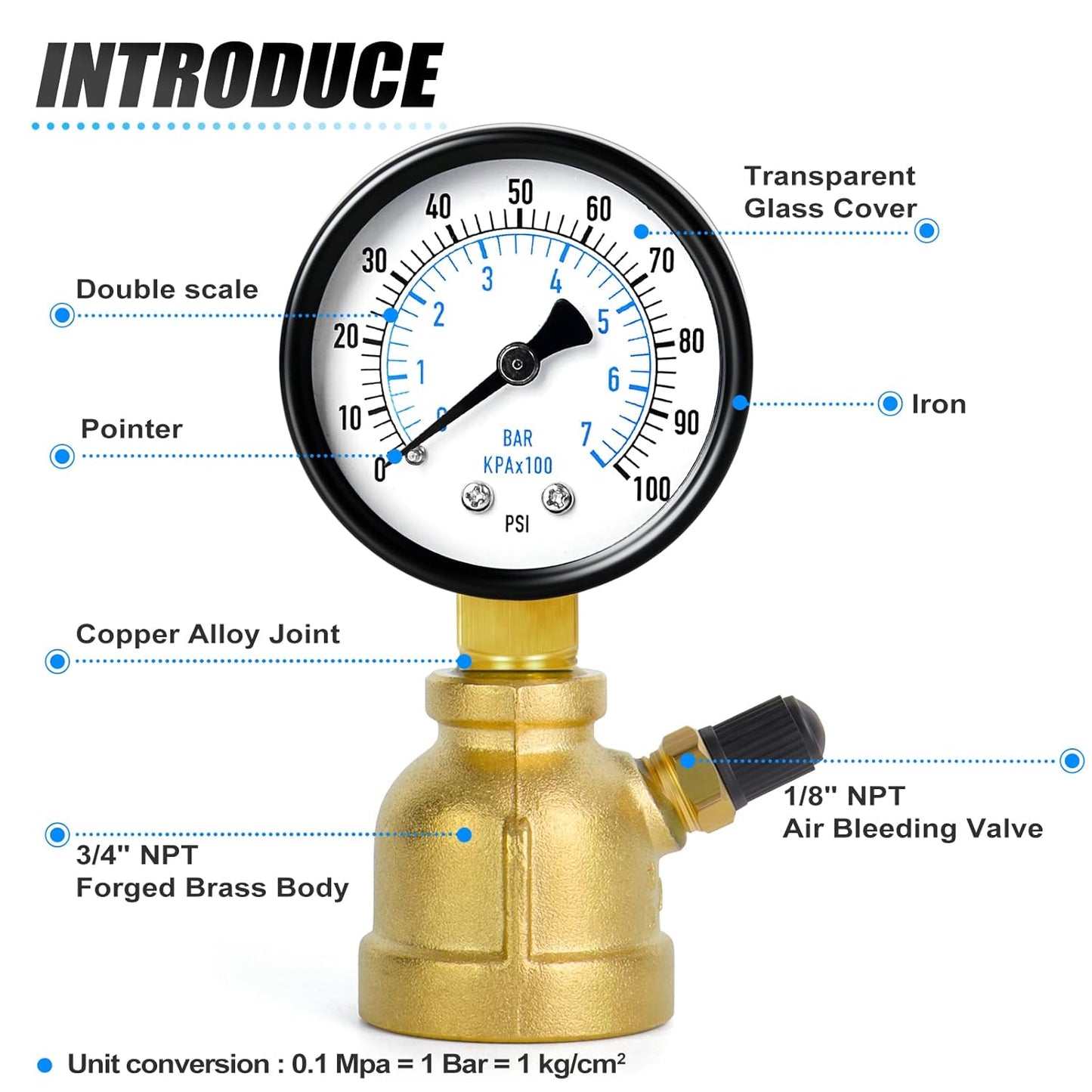 MEANLIN MEASURE 0-100Psi Forged Brass Air Test Pressure gauges, 3/4" FNPT Connection, 2" Double Graduated, Bell Shape Body Assembly, -3-2-3% Accuracy