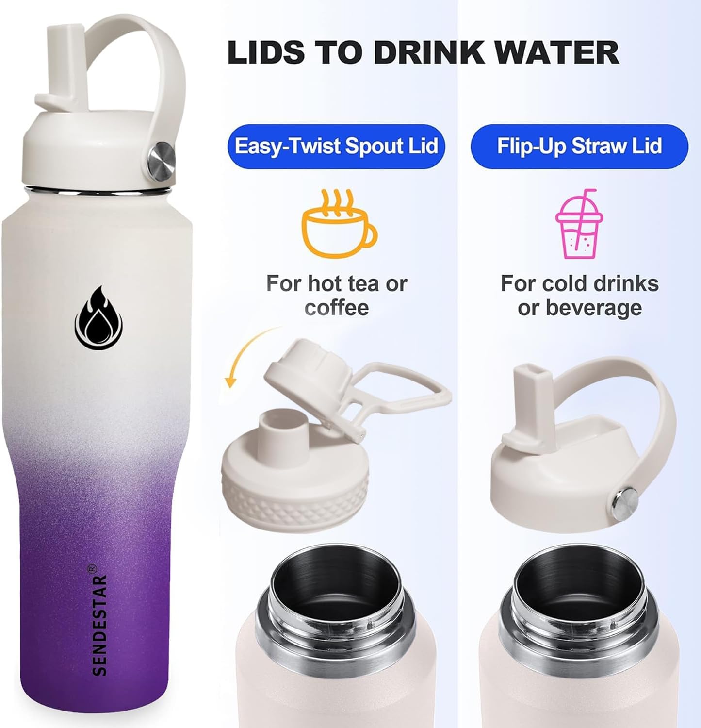 SENDESTAR 32oz Water Bottle Wide Mouth Stainless Steel Vacuum Insulated Double Wall with 2 Straw Lids Fit in Any Car Cup Holder TXIN-32-WV-1