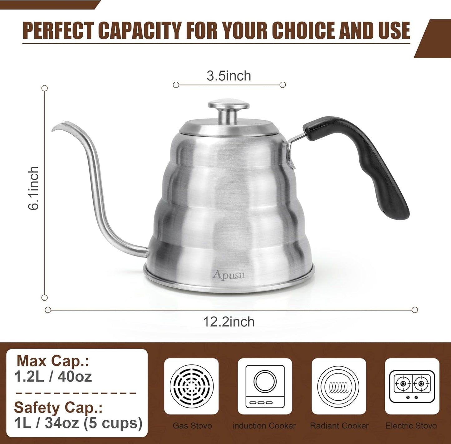 Gooseneck Kettle for Manual Drip Coffee & Tea 40oz Stainless Steel Pour Over Coffee Kettle with Thermometer Tea Kettle for Stovetop,1200ml,6 Cup,Silver,1Pack