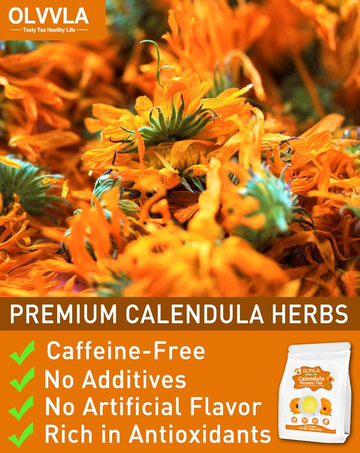 Olvvla - Natural Calendula Flowers Tea Bags - 1.5g X 50 Count - Premium Calendula Tea - Non-GMO - Caffeine-free - Dried Calendula Herbal Tea - Rich in Antioxidants & Promote Relaxation