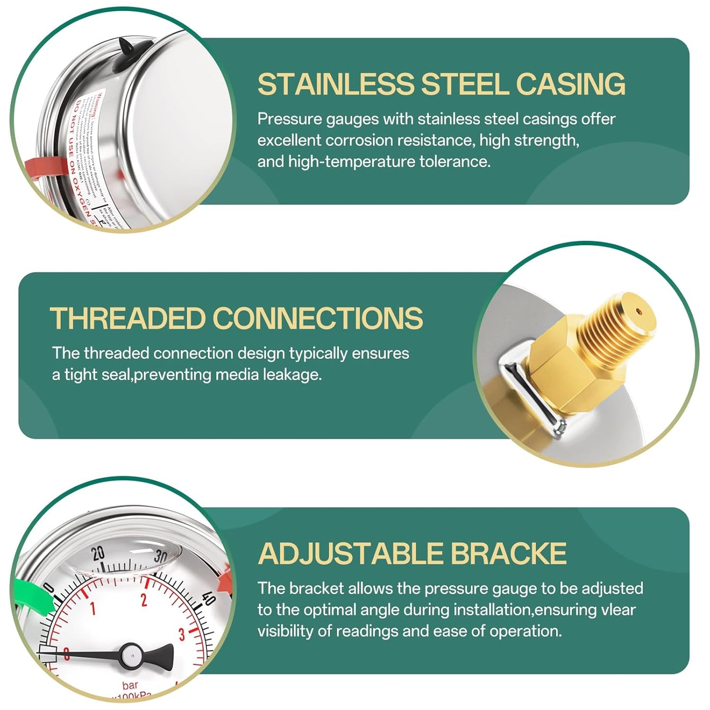 -30inHG-60PSI Stainless Steel Liquid Filled Pressure Gauge, 2.5" Dial Size, 1/8" NPT Back Mount, for Tube, Water Pump, Gas, Liquid, Pressure Test (with Range Mark Pointer)