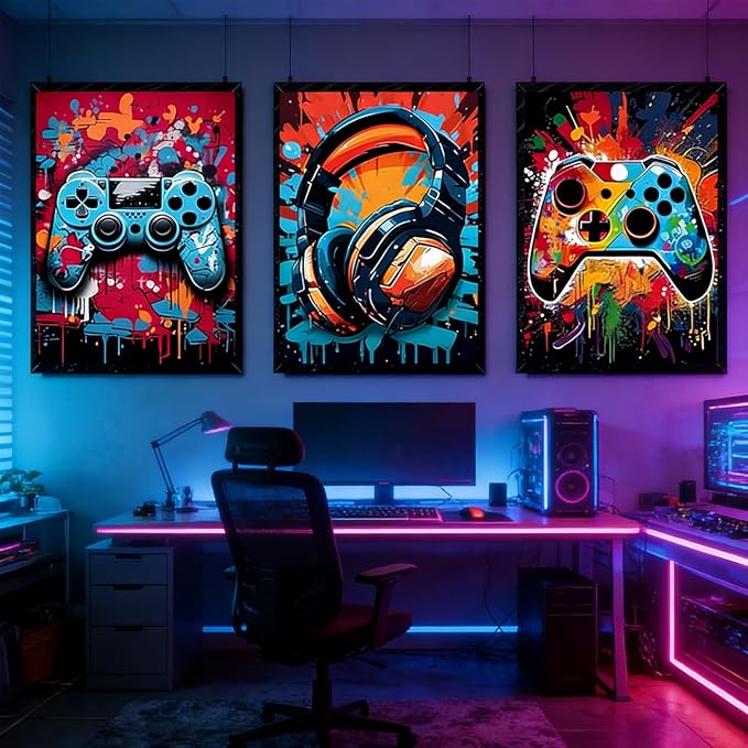 PPV 3Pcs Cool Gaming Wall Art Retro Video Gamer watercolor Posters Pictures - Image 4