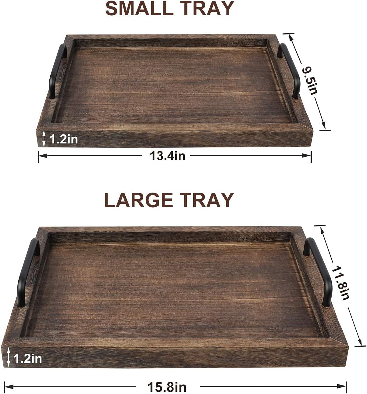 LIBWYS Rustic Wooden Serving Trays with Handle-Set of 2-Decorative Nesting Food Board Platters for Breakfast, Coffee Table/Butler (Large 15.8x11.8x1.2 inches, Small 13.4x9.4 x1.2 inches)