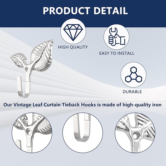Set of 4 Vintage Leaf Wall Hooks Silver Metal Coat Hooks Heavy Duty Decorative - Image 4
