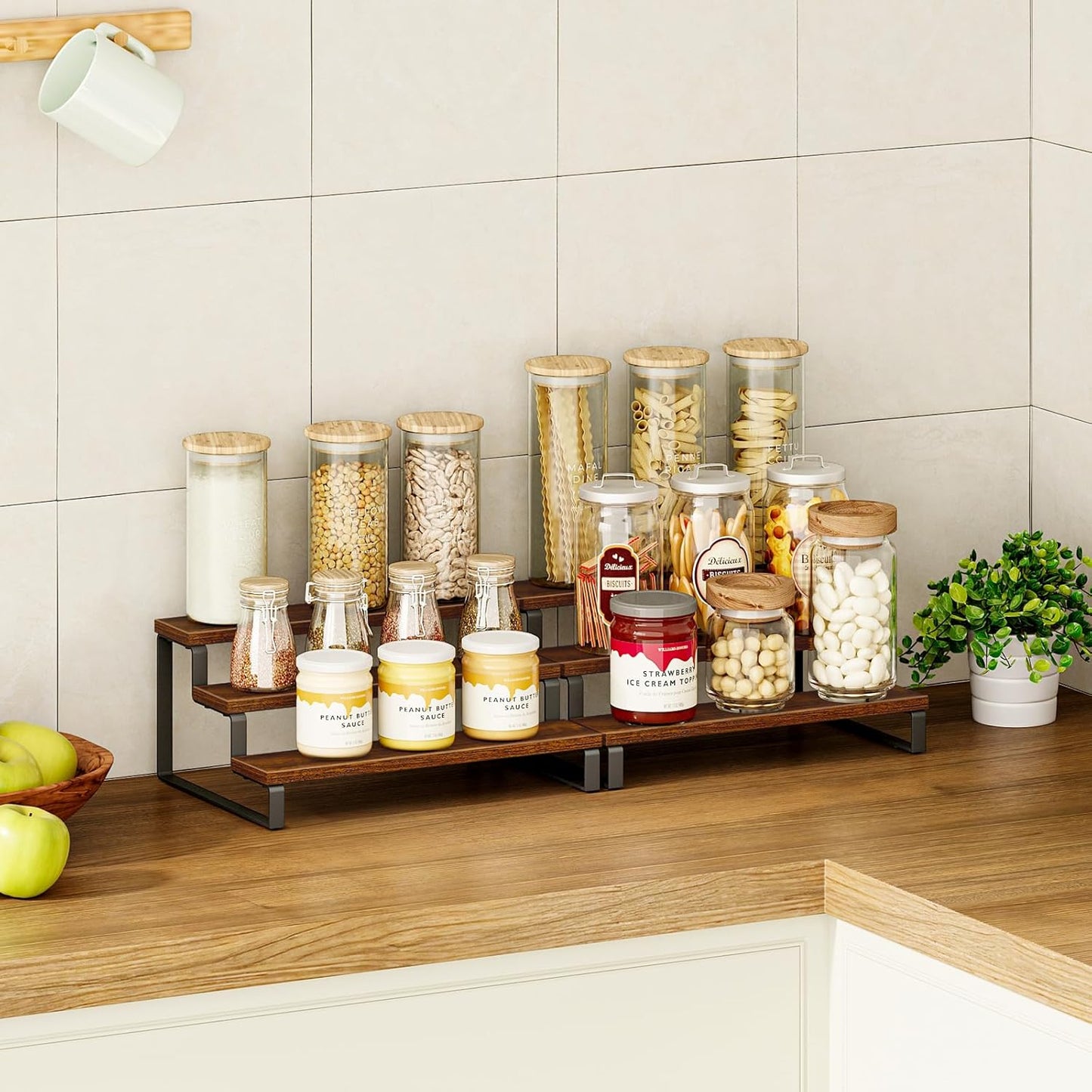 Giikin 3-Tier Spice Rack, 13.8 Inch Wood Countertop Spice Storage Holder, Kitchen Pantry Cabinet Organizer Cupboard for Spice Bottles, Jars, Seasonings, Baking Supplies, Metal Frame(Set of 2)