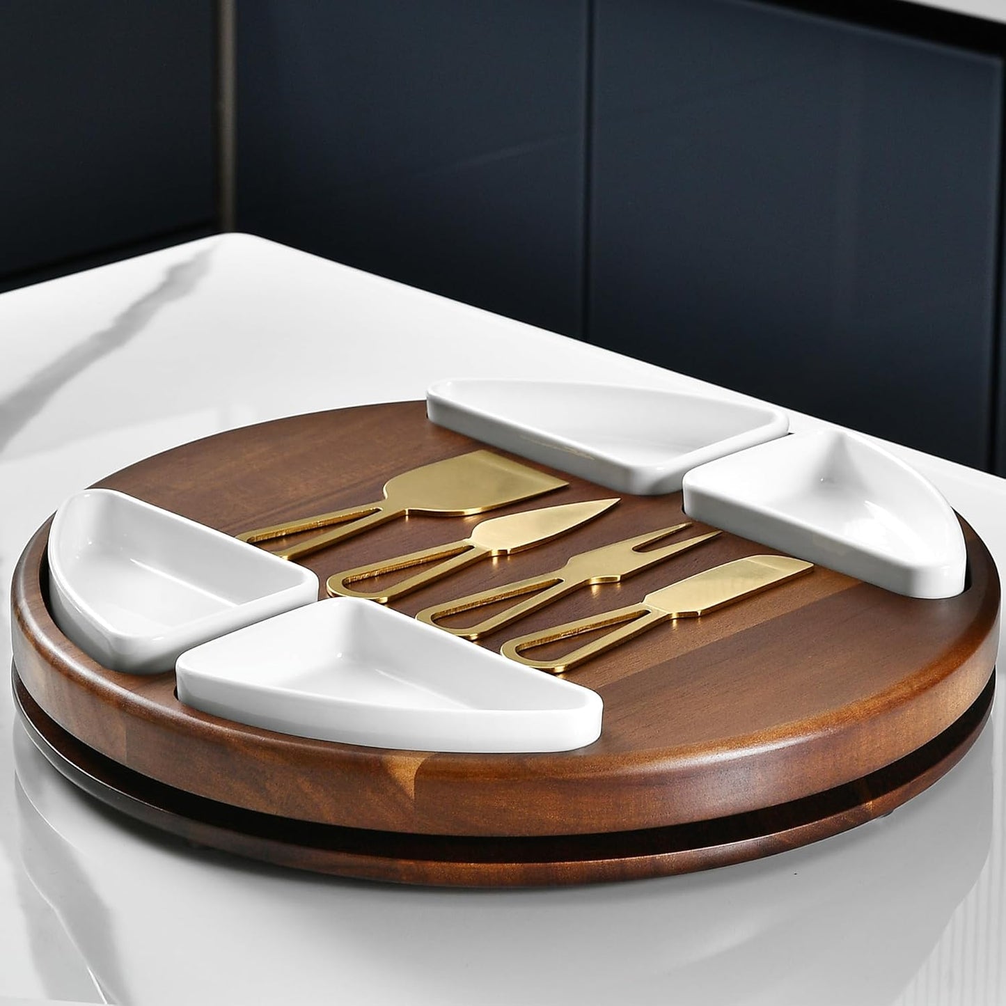 Shanik Upgraded Lazy Susan Cheese Cutting Board Set - Round Acacia Charcuterie Board With 4 Ceramic Bowls - Wedding Gifts - Cheese Serving Platter - Bridal Shower