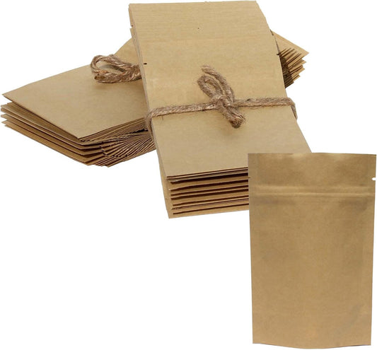 2 oz Stand up Zipper Pouch Bag - FDA and USDA Compliant Heavy Barrier 4X6X2 Inch (100, Natural Kraft)