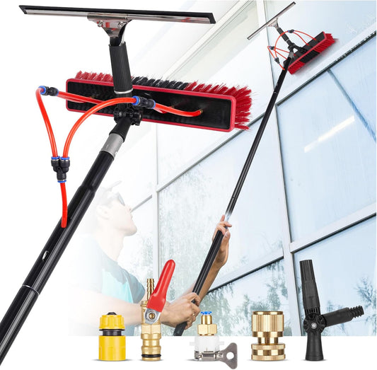 26ft Water Fed Pole Kit, Rotatable Solar Panel Cleaning Brush & Squeegee, 2 Dusting Brushes, Extendable Black Lightweight Pole for Roof Window