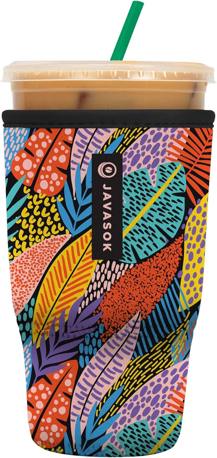 Sok It JavaSok Iced Coffee & Cold Soda Insulated Neoprene Cup Sleeve (Feathered Foliage, Large: 30-32oz)