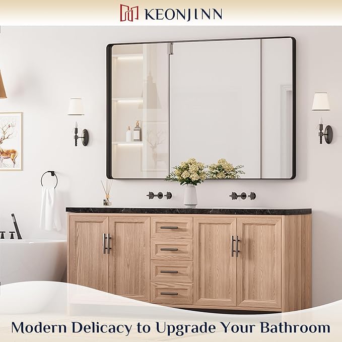 Keonjinn Black Bathroom Mirror for Over Sink, 60 x 40 Inch Large Rounded - Image 2